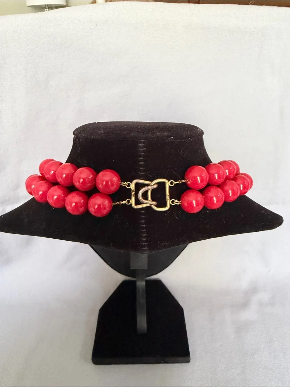 Vintage 80s Red Lucite Beaded Double-Strand Necklace with Gold Accents.